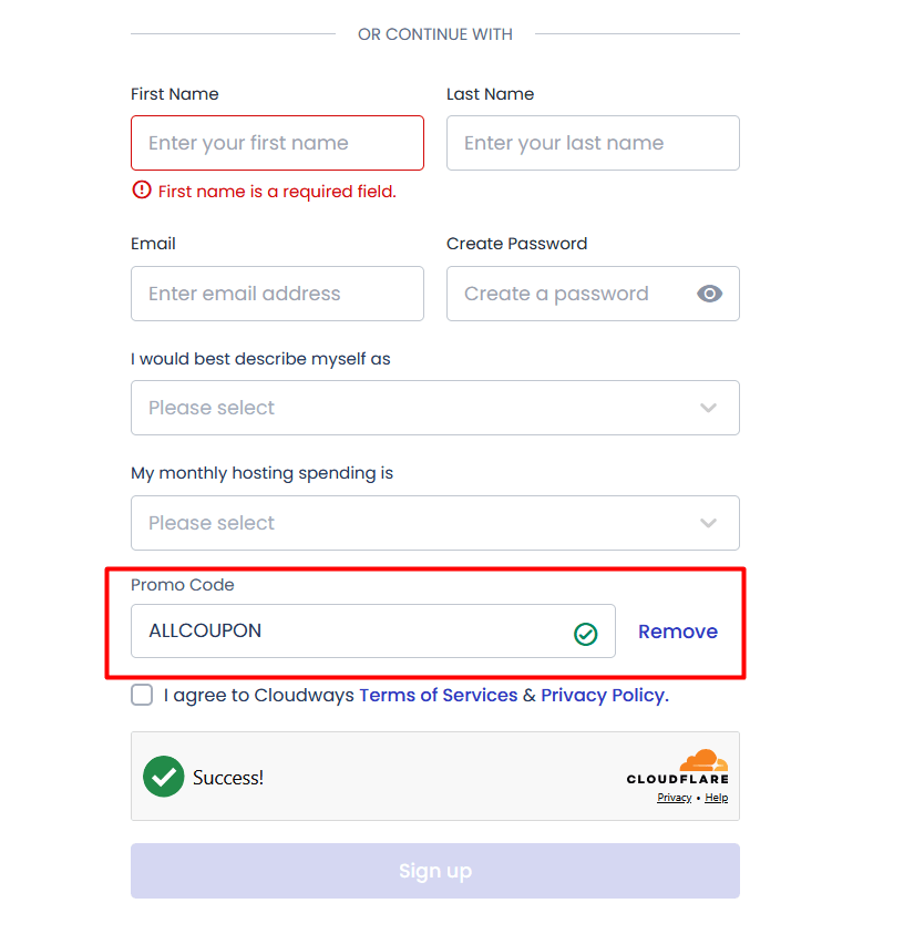 Screenshot: Cloudways sign up